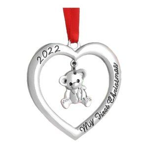Christmas Ornament Teddy Bear for Baby’s First Christmas 2022 Silver Heart with